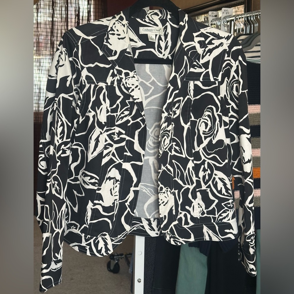 Coldwater Creek Black White Floral Stretch Cotton Jacket Blazer S